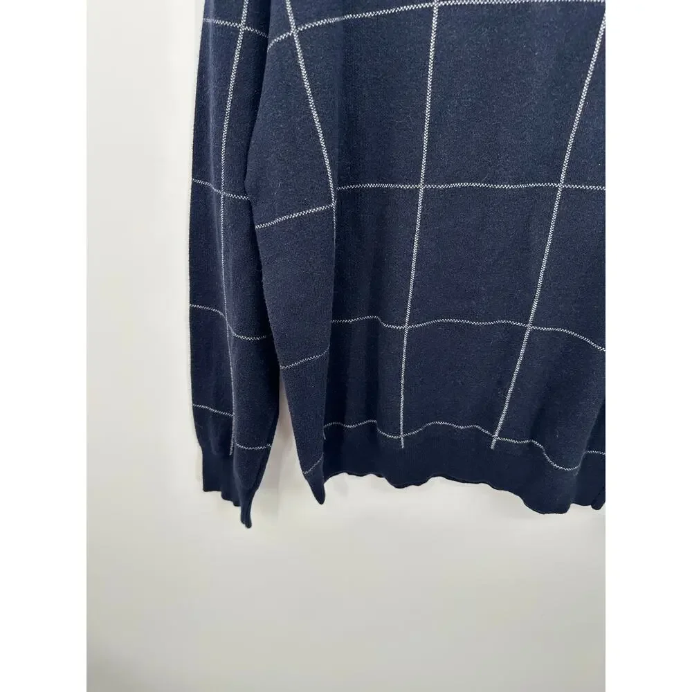 J. Crew Blue Cotton Cashmere‎ Bird's Eye Crewneck Sweater Windowpane Men Size L